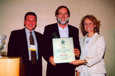 Greg Casini and club president Lisa Renstrom present Gerry with the Sierra Club's 2005 Francis P. Farquhar Mountaineering Award