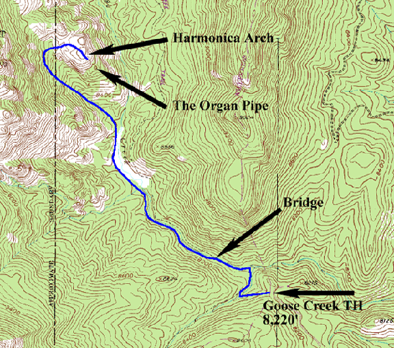Map of the route to Harmonica Arch