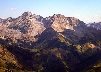 Snowmass Mountain, Hagerman Peak and Snowmass Peak seen from Treasure Mountain to the south on 8/10/03
