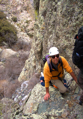 Mike Hruza on the Class 3 scrambling west of the gully on the north face of the South Peak