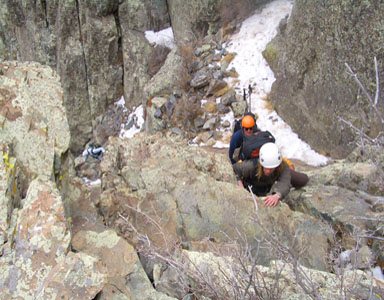 Debbie Hruza on the Class 3 scrambling west of the gully on the north face of the South Peak