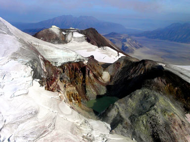 Mount Mageik's crater lake, which is just east of the main summit