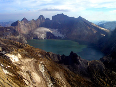 The park's namesake 6,715-foot Mount Katmai with its amazing crater lake seen from the southwest