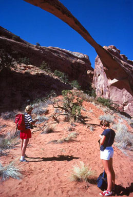 Hikers pausing under Landscape Arch
